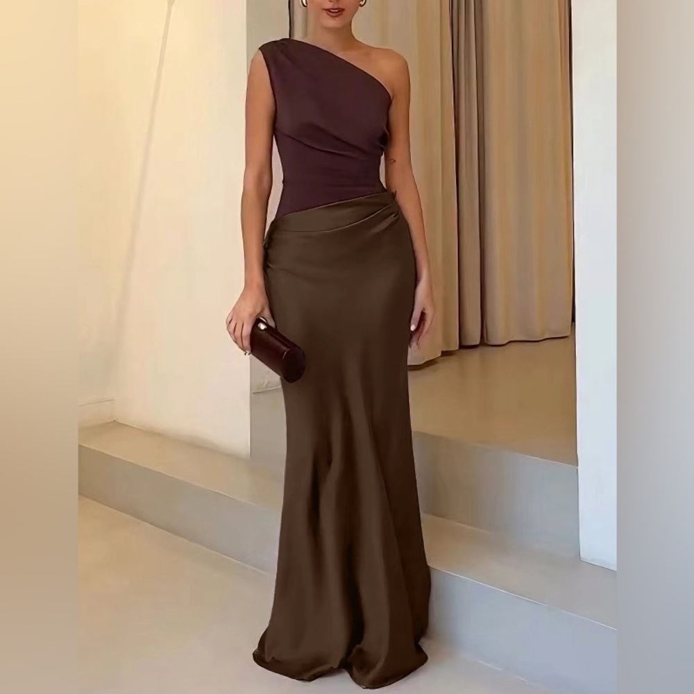 One-Shoulder Brown Evening Gown - Picture 2 of 9